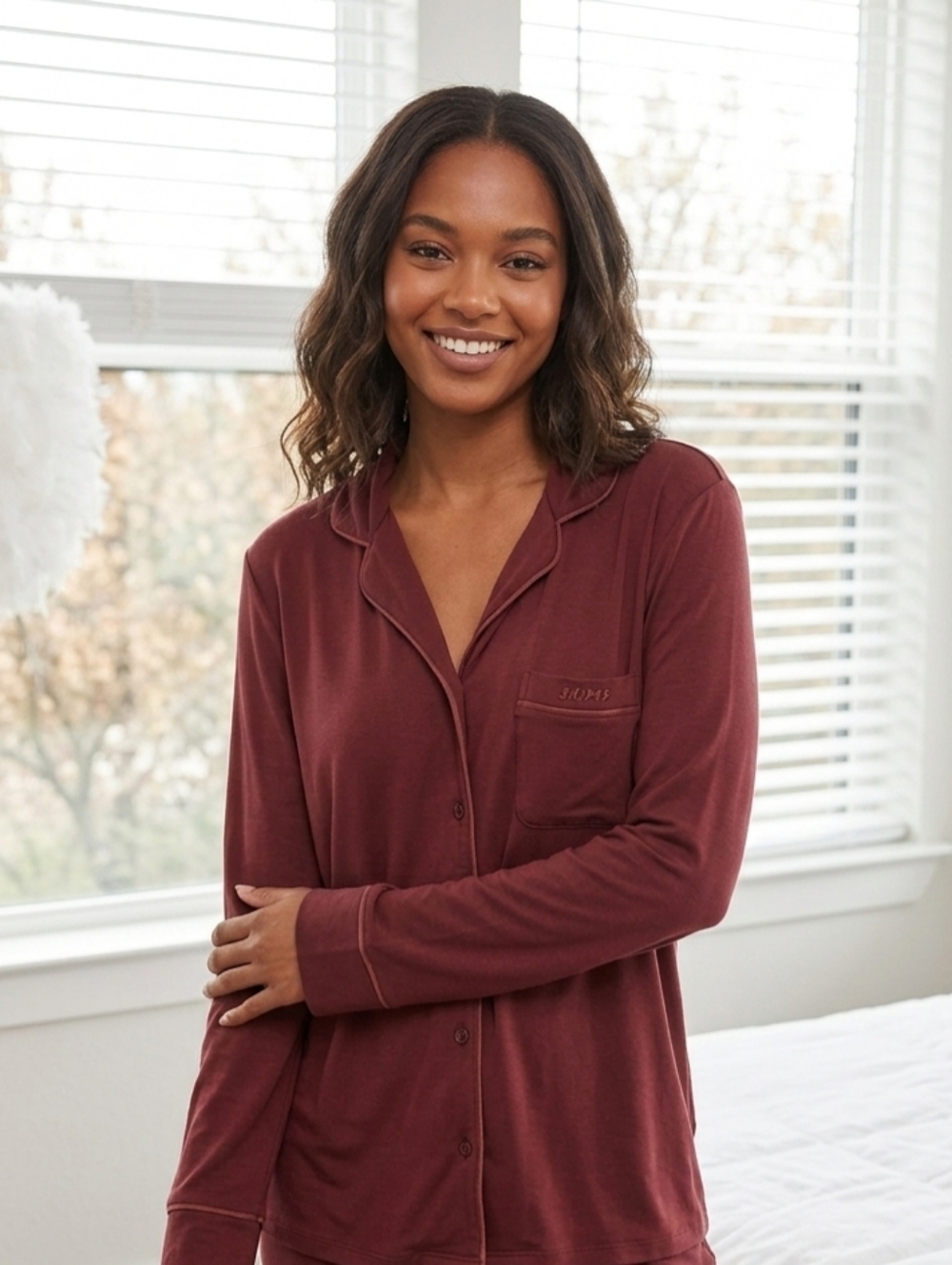 SKIMS Women's Long Sleeve Pajama Top in Deep Burgundy